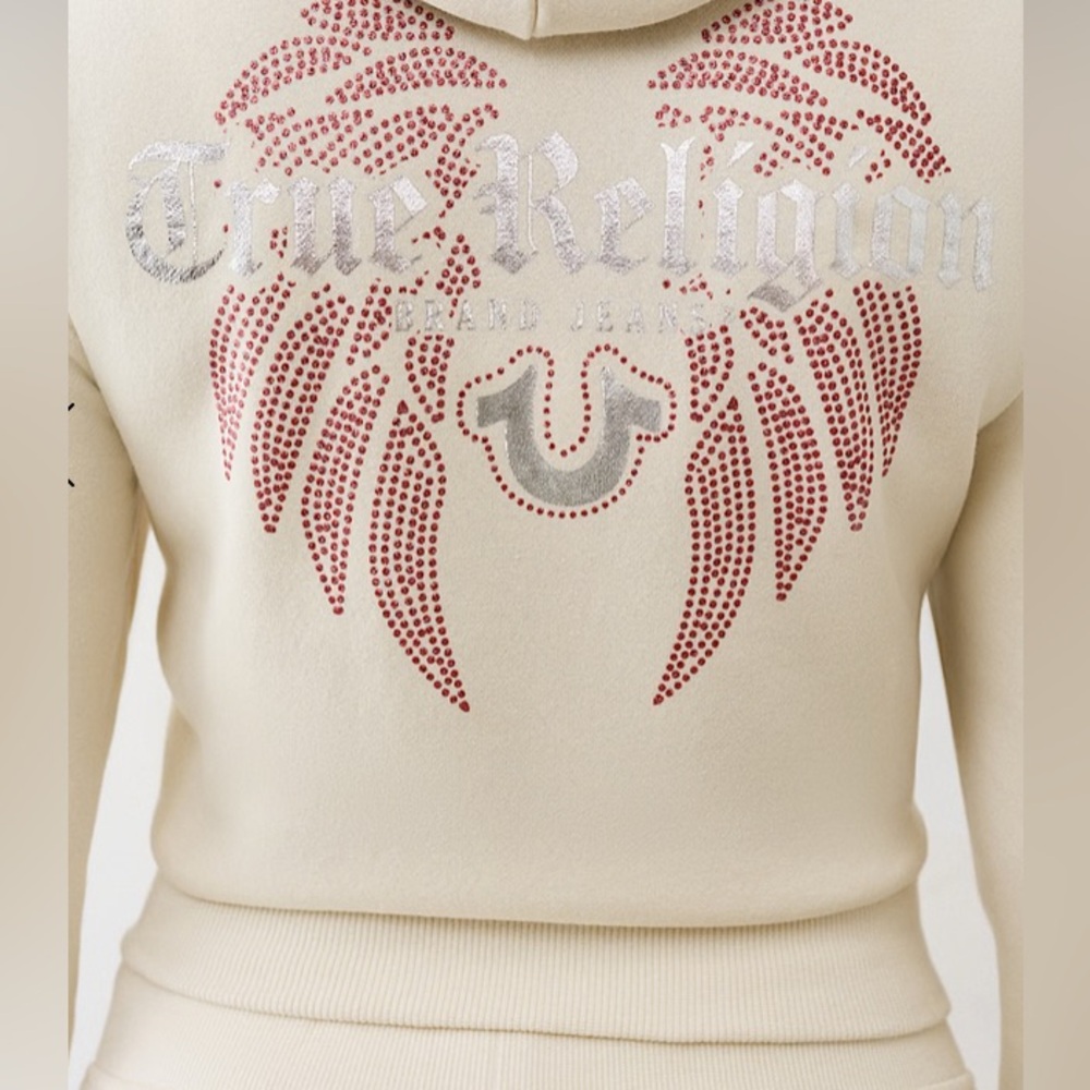Women's True Religion Shrunken Wing zip hoodie Sz large winter white